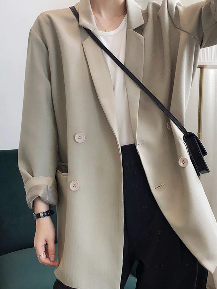 ENjoyce Spring Fall Women Vintage Double-Breasted Striped Blazer Long Sleeve Korean Workwear Suit Jacket Blazers Outerwear Coats