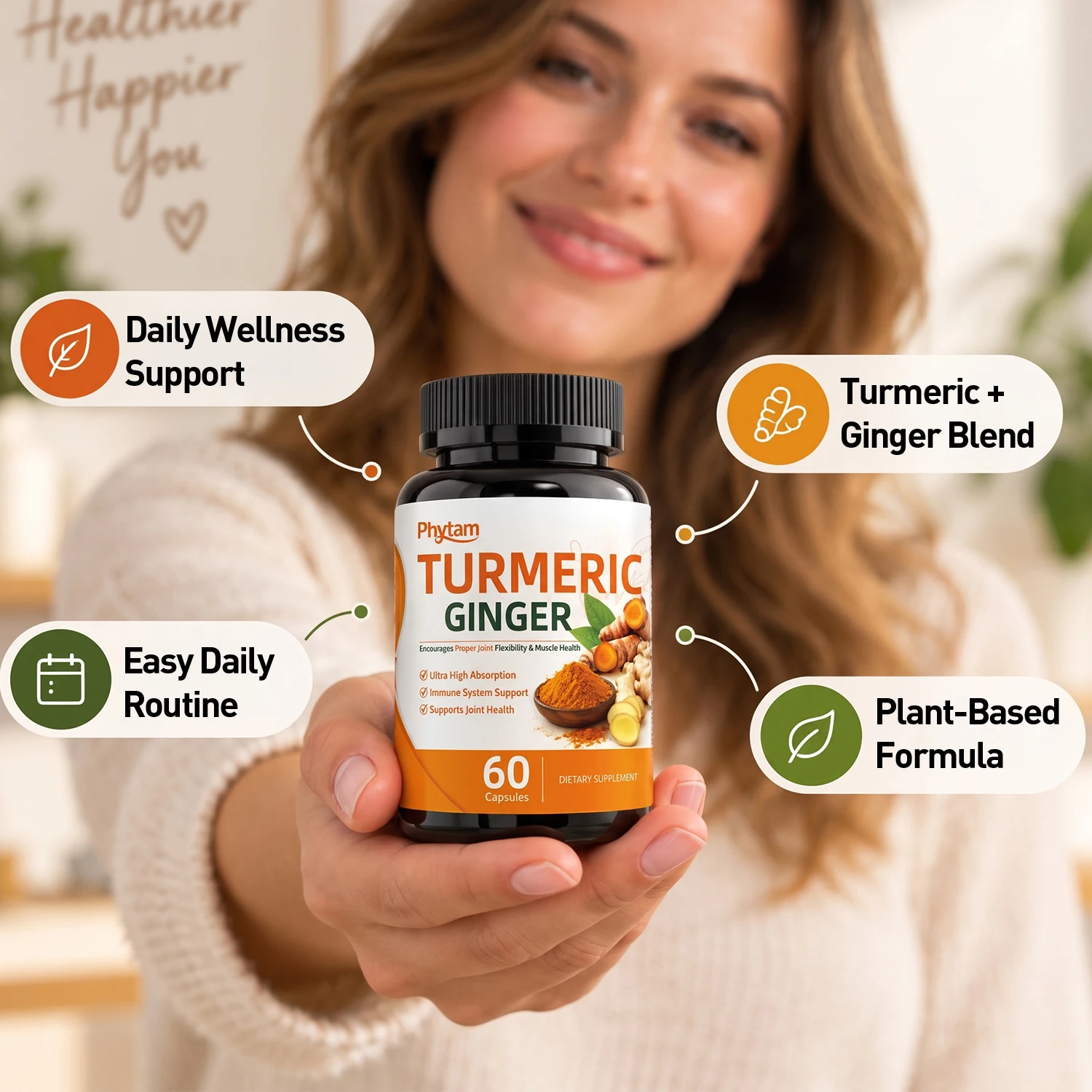 Turmeric Ginger Capsules with Black Pepper 60 Veggie Caps Daily Botanical Dietary Supplement for Joint Body Wellness Support