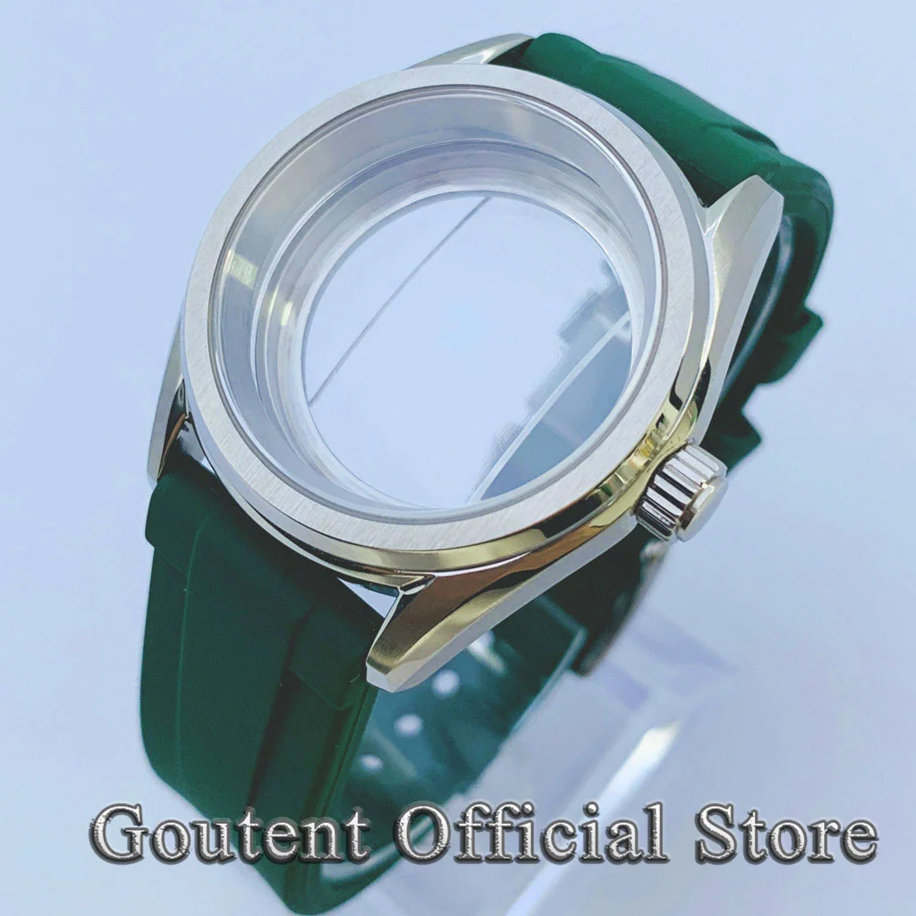 Goutent New 38mm Silver Watch Case Sapphire Crystal With Green Rubber Strap Fit NH34 NH35 NH36 ETA2824 PT5000 Automatic Movement