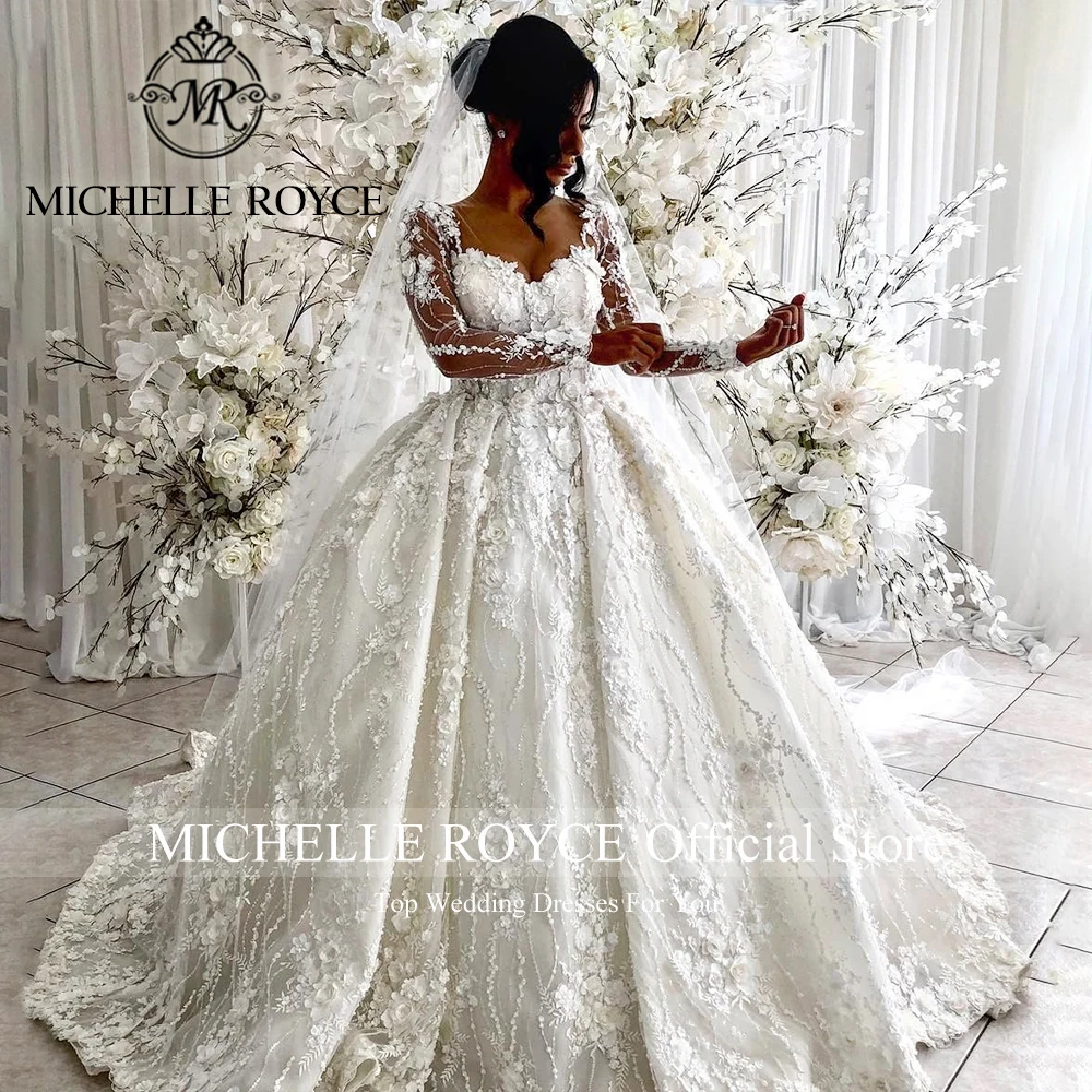 Michelle Royce-vestido De baile De lujo para mujer, Vestidos De Novia De manga larga, escote Corazón, flores 3D, 2024