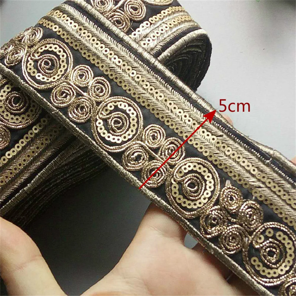 1 Yards White Black 50mm Ethnic Gold Thread Sequins Webbing Ribbon Tape Shoes Dress Embroidered Lace Trims DIY Sewing Accessorie
