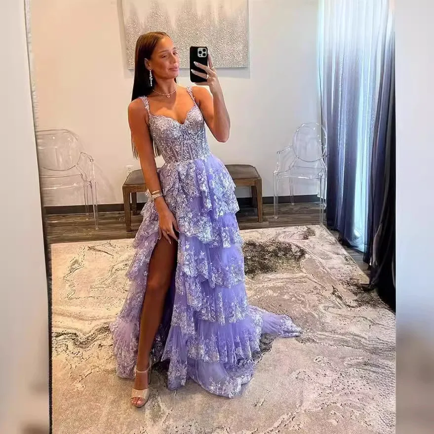 

Customized A Line Women Evening Dresses Side Slit Spaghetti Straps Prom Birthday Party Gowns Formal Occasion Vestido De Noche