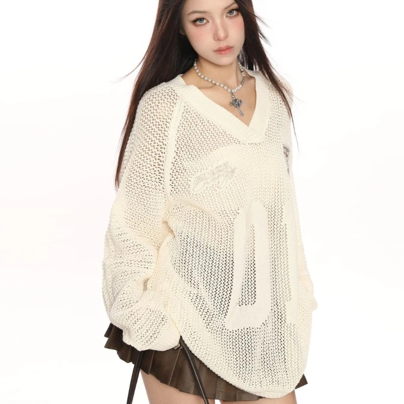 Paar Hol Gebreide Trui Borduren Grafische T-shirts Vrouwen Straat Harajuku Sexy Y2k Tops Losse Casual Trui Cover Up