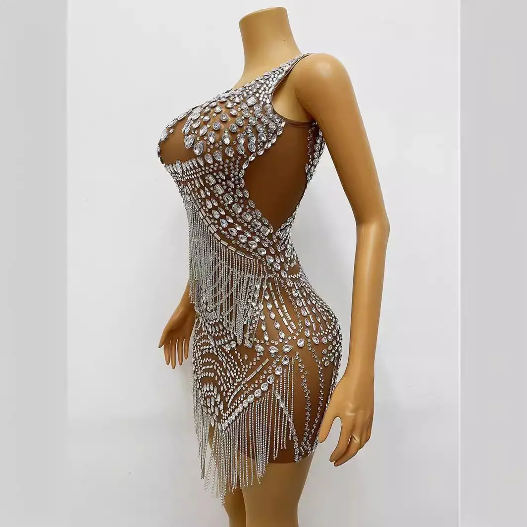 Internet celebrity dress slim and thin elastic flash diamond fringe tight hip wrap sexy stage host performance suit