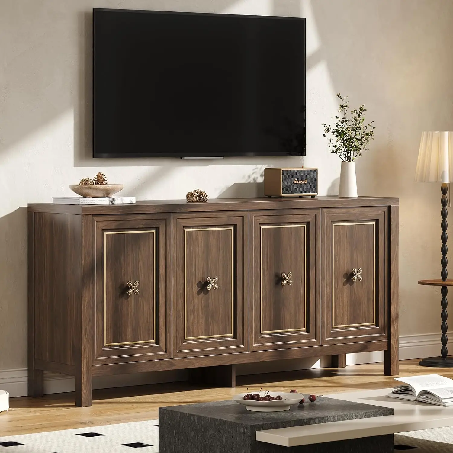 ONBRILL 1-Piece Vintage Walnut MDF Sideboard Buffet Cabinet, 63-Inch 4-Door Storage Cabinet with Adjustable Shelves, Gold-Tone Trim and Antique Bronze Handles for Dining Room Kitchen Living Room