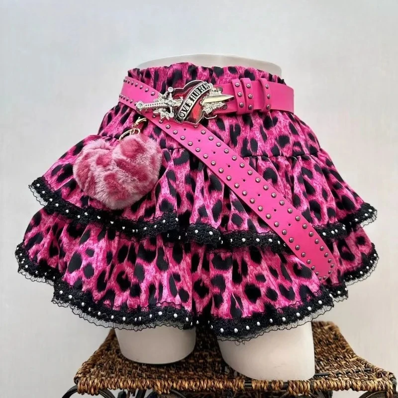Y2k Japanese Vintage Lolita Style Short Party Skirts Women Gothic Leopard Print Mini Skirts Streetwear Harajuku Punk Skirt Chic