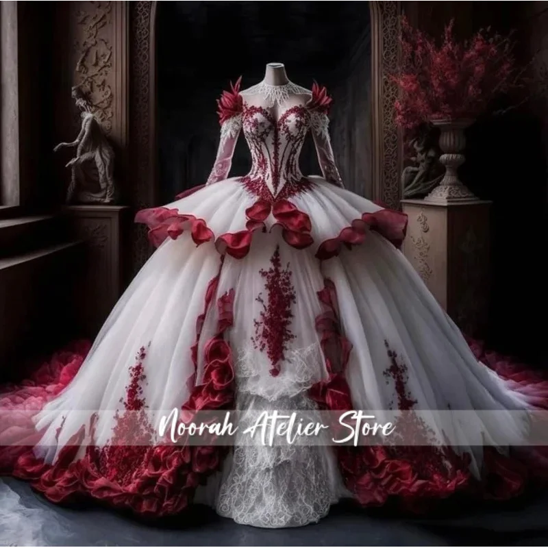 Burgundy Victorian Gothic Bridal Dress Sweetheart Lace Embroidery Long-sleeved Vintage Fluffy Vampire Wedding Gowns Customized