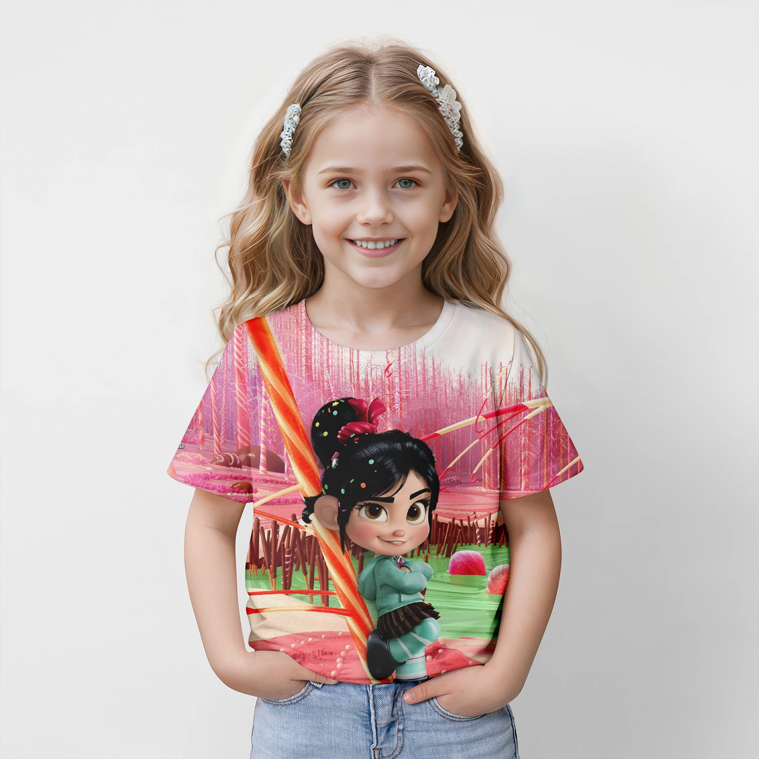 MINISO Disney Vanellope von Schweetz 2024 estate 4-14 anni bambini bambini Cool Boy Cute Girls t-shirt leggera con stampa 3D top