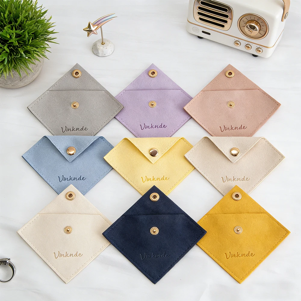 

100Pcs Custom Logo Jewelry Microfiber Triangle Snap Bag 8x8cm Baby Shower Gift Organizer Pouch Earrings Bracelet Necklace Box