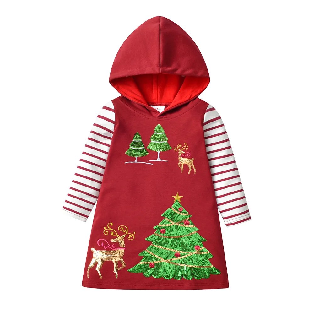 DXTON Kids Xmas New Year Dresses Girls Autumn Winter Hooded Dresses Girls Christmas Tree Elk Sequined Appliqued Hoodies Dress