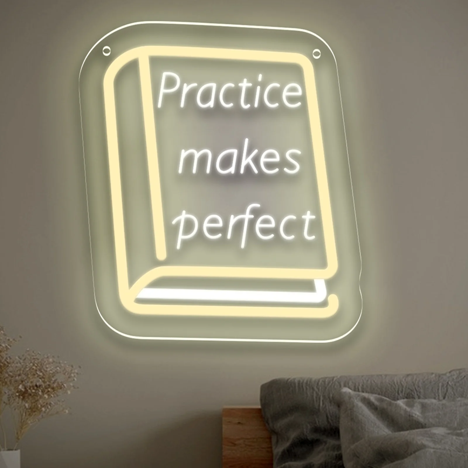 Practice Makes Perfect Neon Sign Book LED Wall Art USB Powered Study Room Classroom Desk Corner Motivation Decor Gift