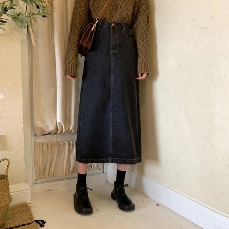 Lucyever Korean Chic Denim Midi Skirt Women 2022 Spring High Waist Simple Medium-long Skirts Vintage All-match Streetwear Skirt