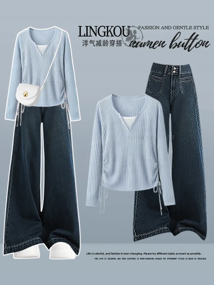 

Корейский стиль: вязаный топ больших размеров и джинсы с высокой талией, комплект из двух предметов для женщин, весенний модный ансамбль с эффектом похудения