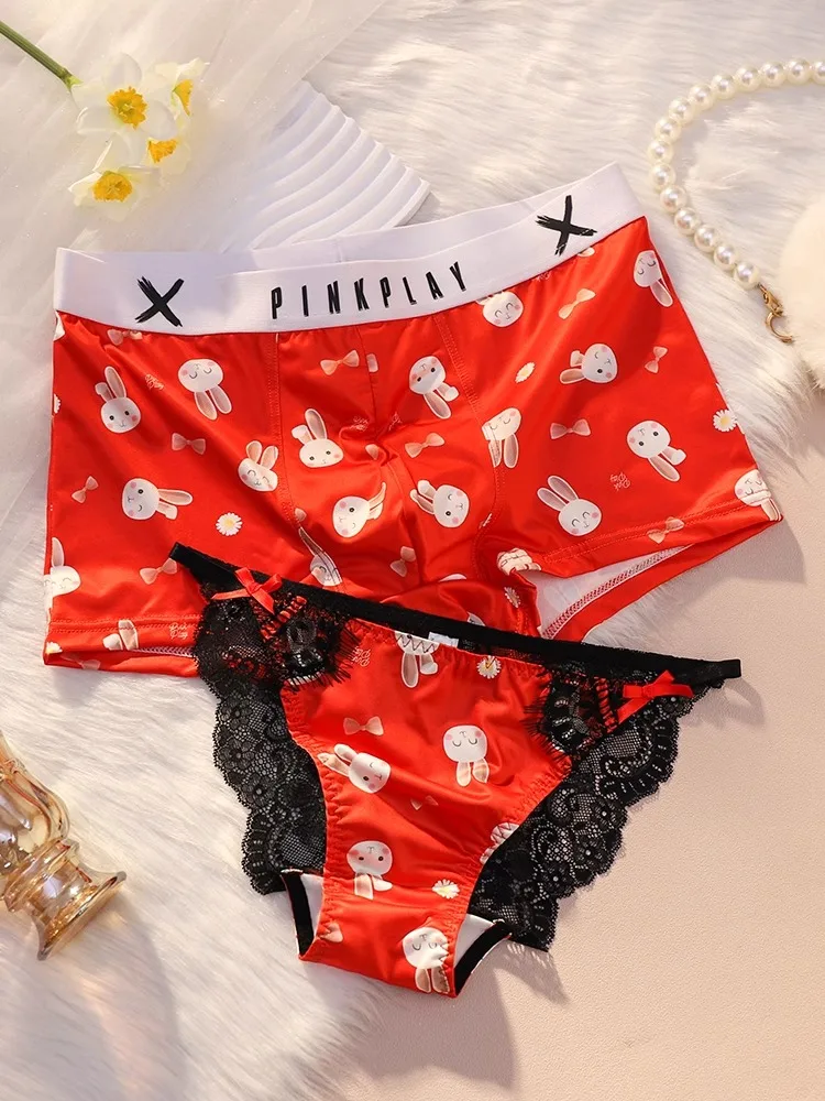 New Year Couple Matching Panties Sexy Lace Cute Bow Tie Rabbit Print Women Panties and Men Boxer Shorts Two Piece Sets Lingerie