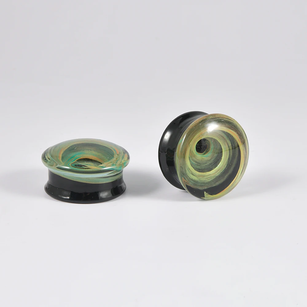 1Pair Glass Green Swirl Double Flare Flashback Ear Plug Tunnel Gauge For Men Women Ear Stretching Expander Piercing Body Jewelry
