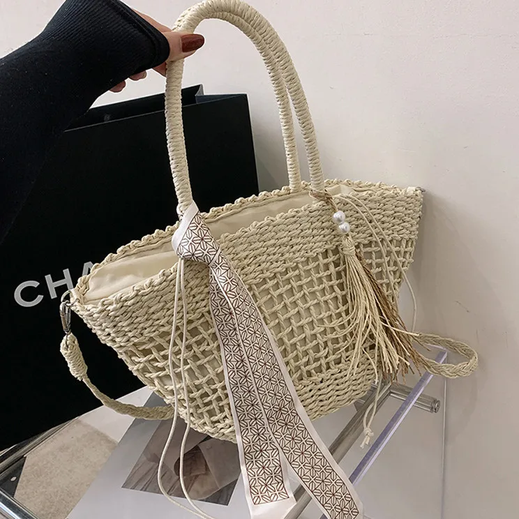 Women Summer Weave Beach Bag Casual Shoulder Crossbody Bag Handbag Fashion Handmade Braided Basket Vacation Straw Clutch Tote