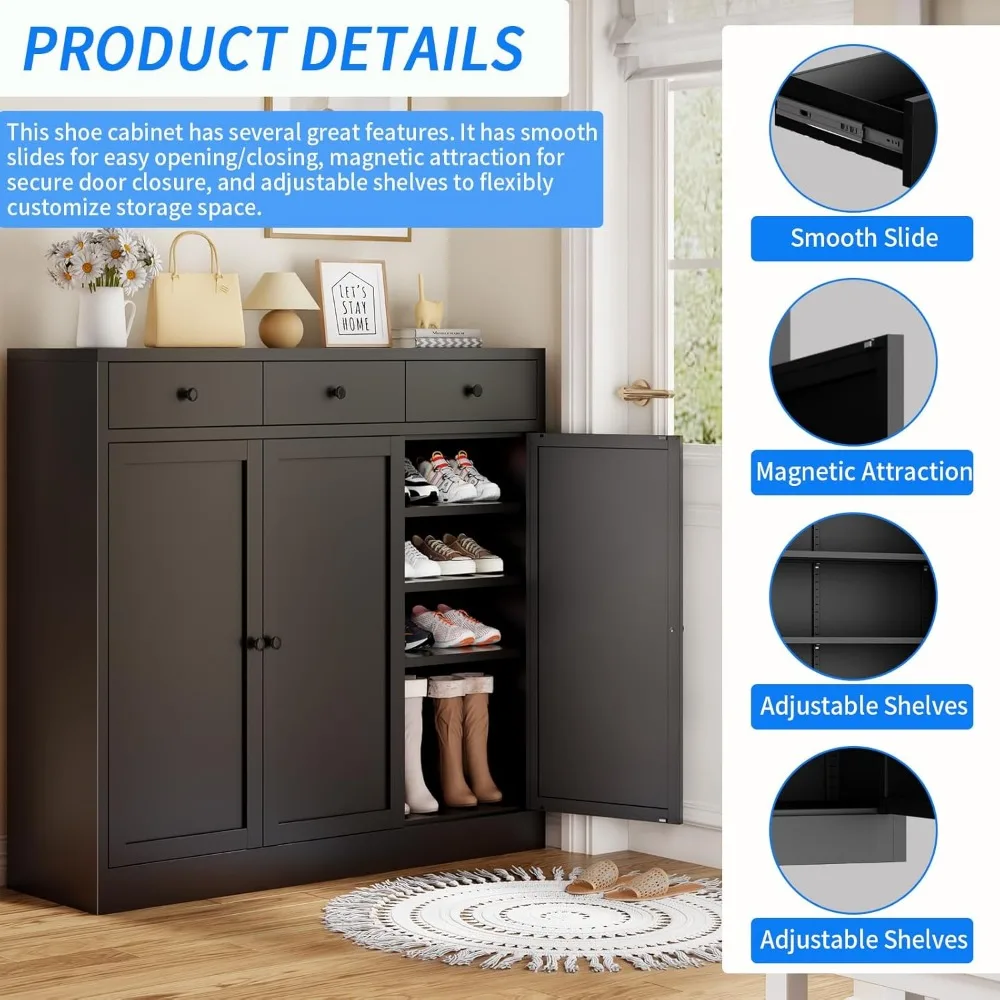 Quality productShoe Storage Cabinet with 3 Doors, Metal Shoe Cabinet with Drawers, Freestanding Shoe Rack with Adjustable Shelve