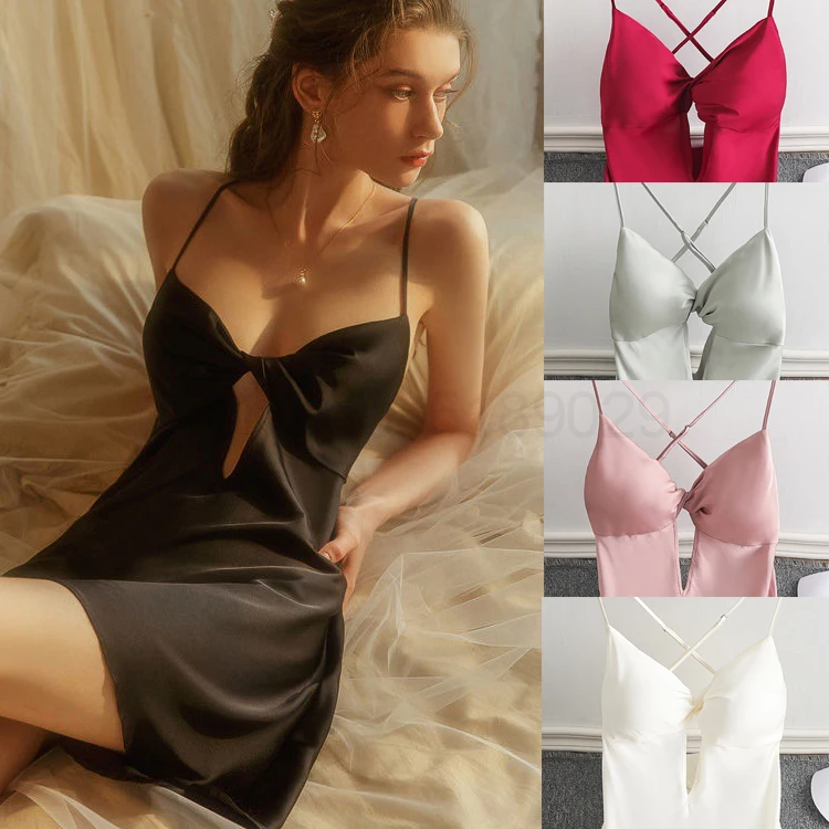 

Cross Back Nightgown Sexy Women Chemise Sleepwear Bow Hollow Out Spaghetti Sling Home Clothing Short Nightwear Nightdress