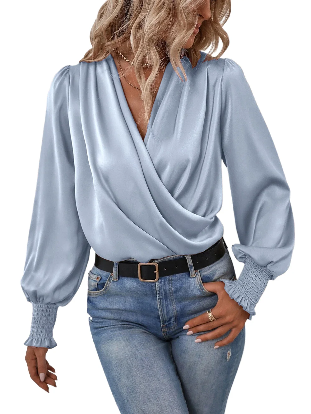 

New Women's Simple Cross Pleated V Neck Shirt Spring And Summer Solid Color Retro Lanternlong Sleeved Female White Office Shirt
