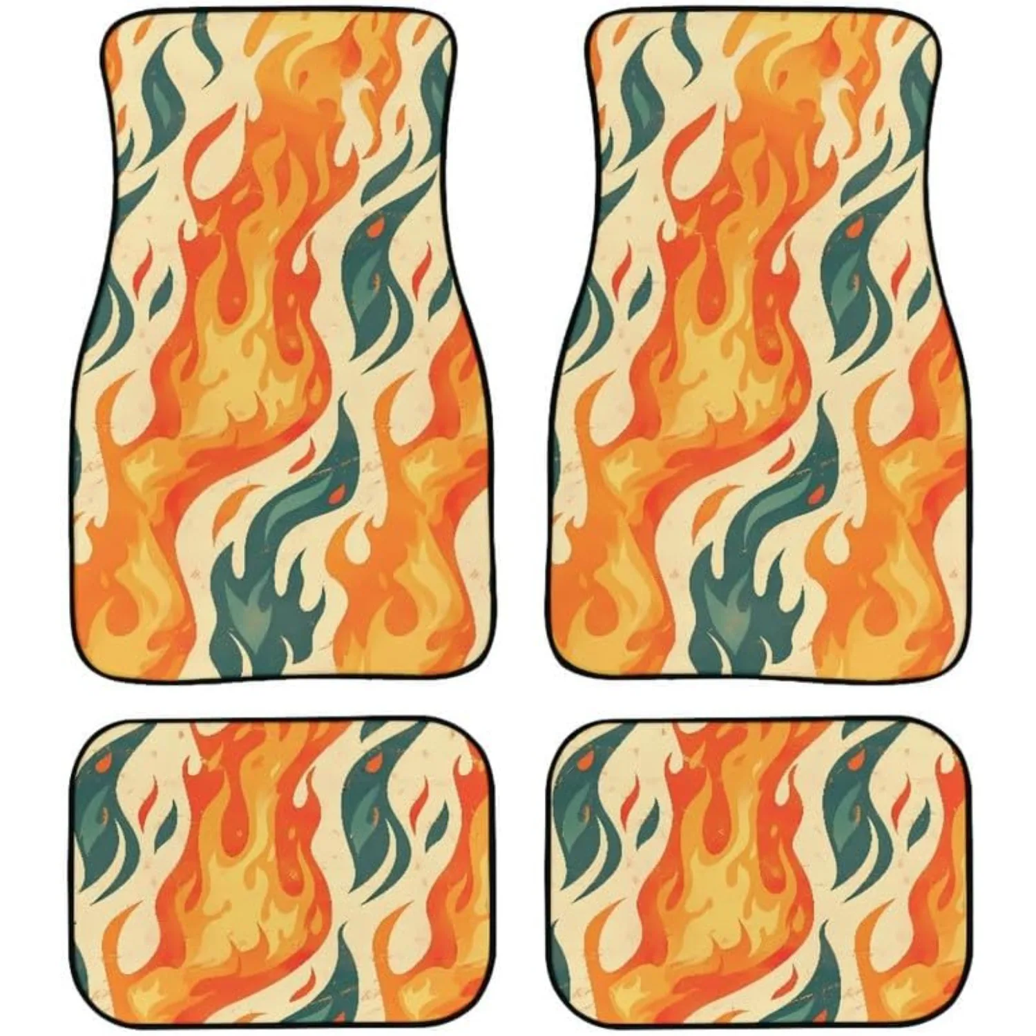 Humorous Flame Design Vehicle 4pcs Floor Mat Collection Abstract Fluid Wave Universal Fit For All Models Heavy-Duty Heel Pad For