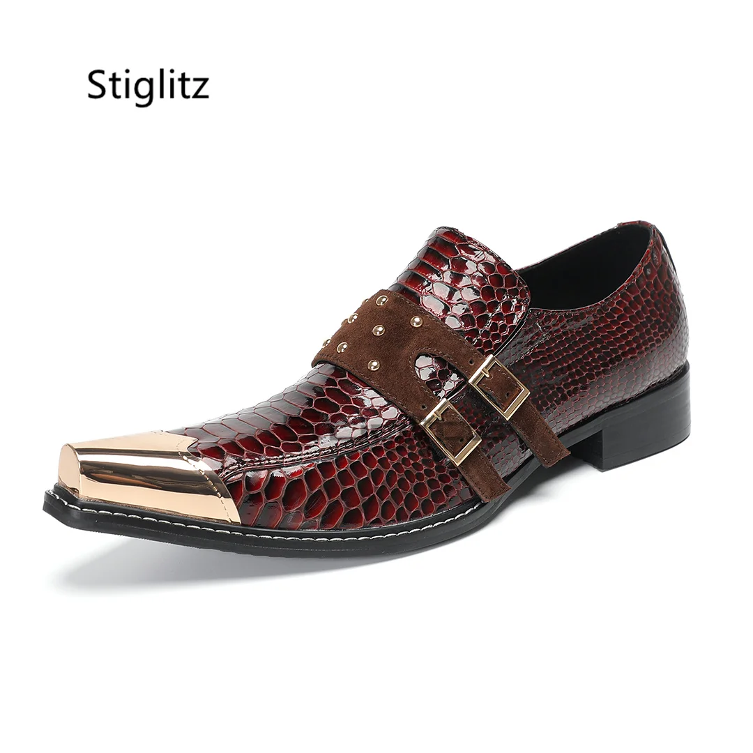 

Burgundy Snake Patterned Men's Shoes Buckle Strap Trendy Metal Pointed Toe Leather Business Casual Wedding Shoes Bridegroom