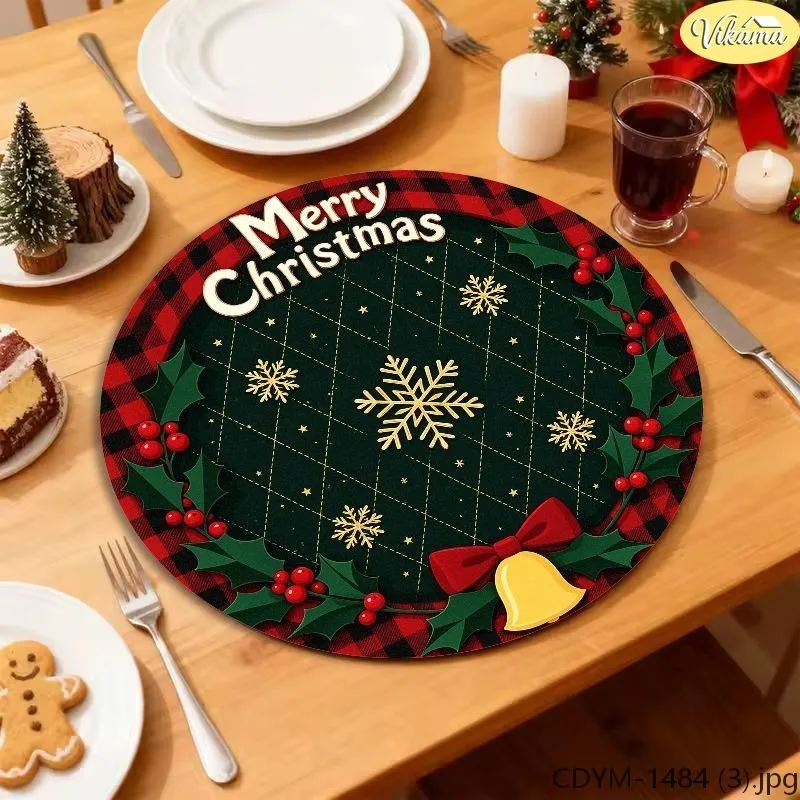 VIKAMA Christmas Round Placemats, Red Black Buffalo Plaid Merry Christmas Pine Wreath Cream Bow Pinecone Bauble