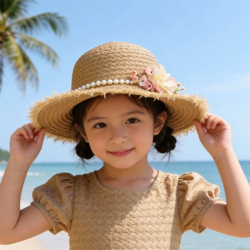 Sommerlicher Blumen-Strohhut mit großer Krempe, UV-Schutz, Strandkappe für kleine Mädchen, Kinder, Outdoor, Reisen am Meer – Detail 7