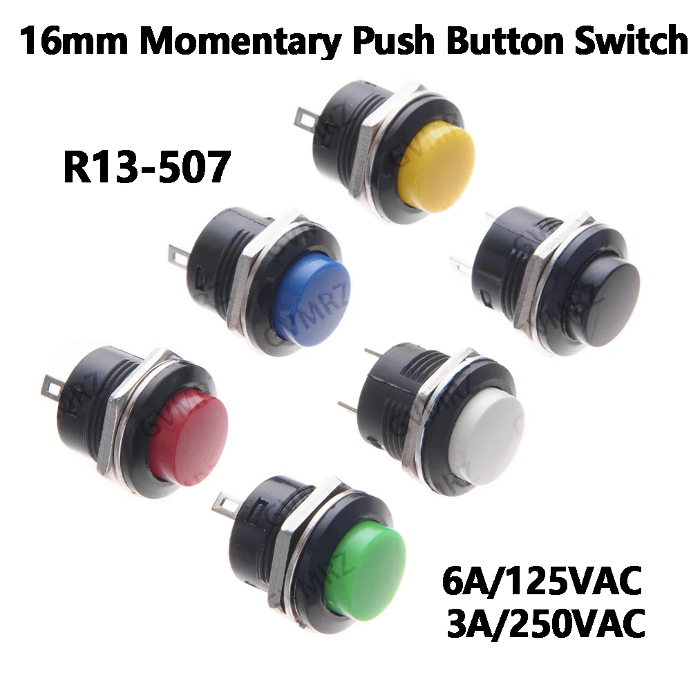 5PCS R13-507 16mm Momentary Push Button Switch-6A/125VAC 3A/250VAC 6-Color Self-Reset Round Switch for Industrial Control  R13