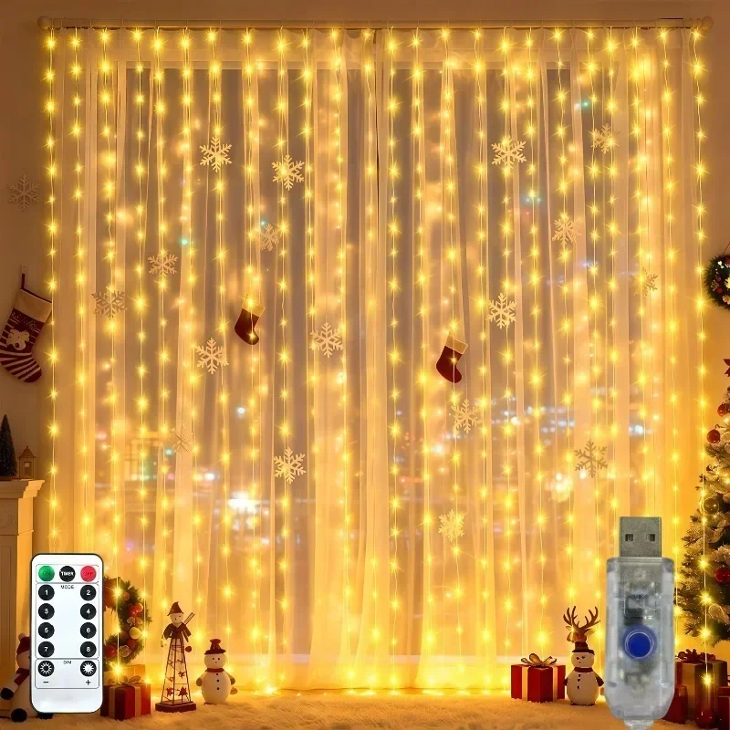 USB Curtain LED String Lights 8 Modes Remote Control Holiday Wedding New Year Fairy Garland Lights for Bedroom Living Room Decor