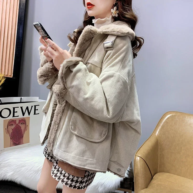 Women's Fleece Lining Zipper Lambswool Cotton Coat Autumn Winter Jacket Women Corduroy Parkas Loose Thicken Warm Short Coat C365 - Image 4