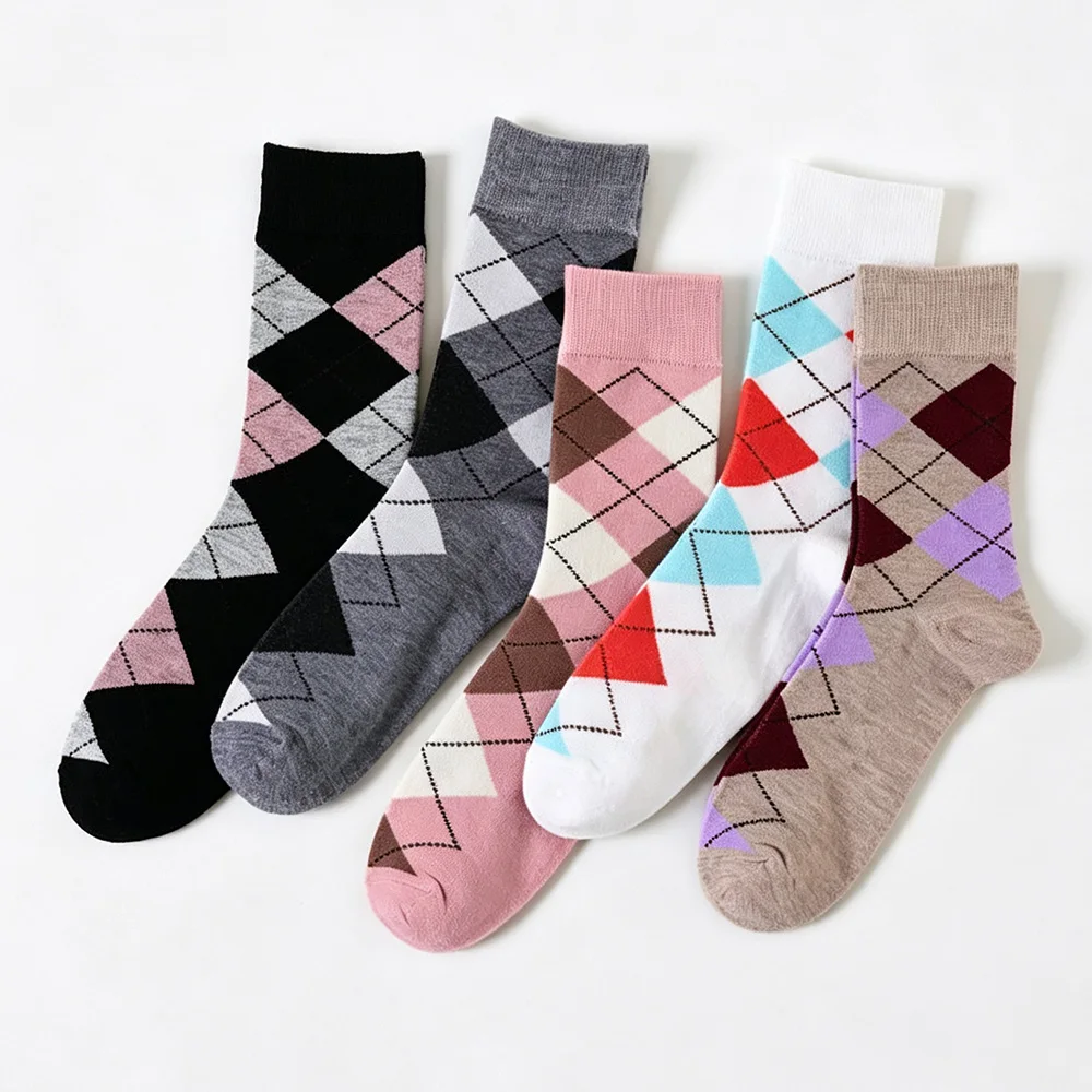 5 Pair Argyle Women Socks Vintage Rhombus Plaid Preppy Style Colorful Geometric Pattern Casual Socks For Girls Daily Wear