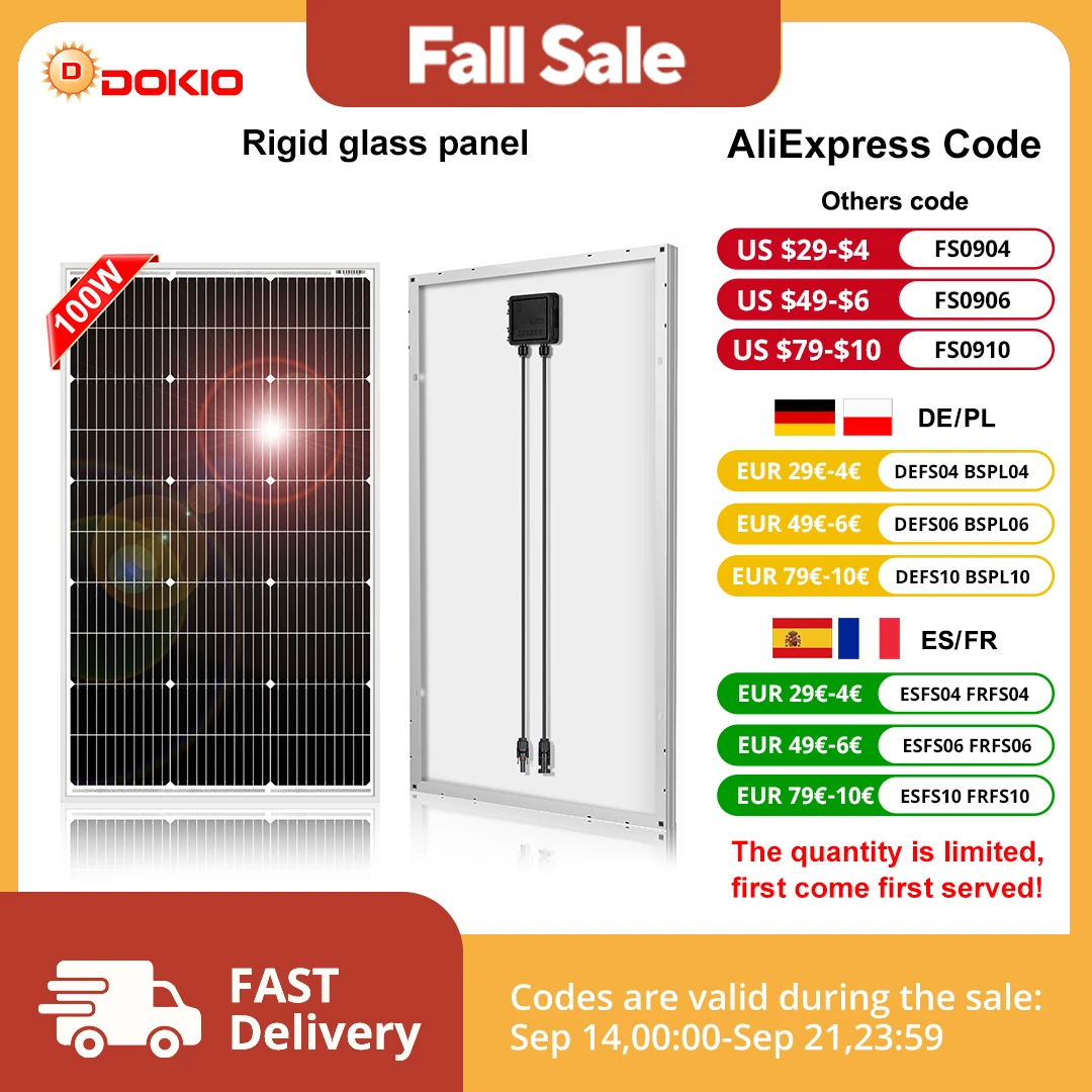 DOKIO 18V 100W Rigid Solar Panel China 18V Monocrystalline Silicon Waterproof Solar Panel Charging 12V #DSP-100M Camping/Home/RV