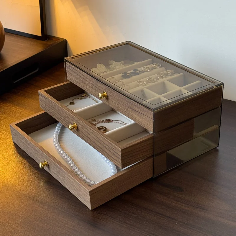 

High-End Walnut Wood Grain Jewelry Box 5-Layer Large Capacity Organizer for Earrings Necklaces Headpieces Bracelets