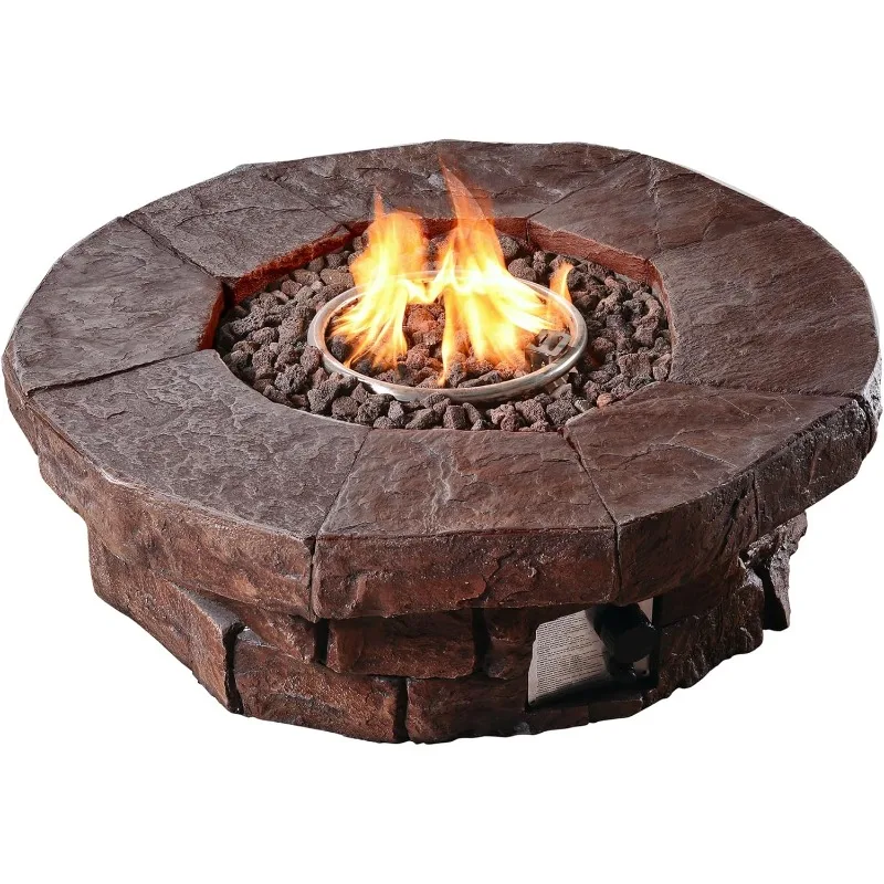 Faux Stone Round Outdoor Propane Gas Fire Pit with Weather-Resistant PVC Cover for Easy Clean-Up on Patios Gardens Backyard