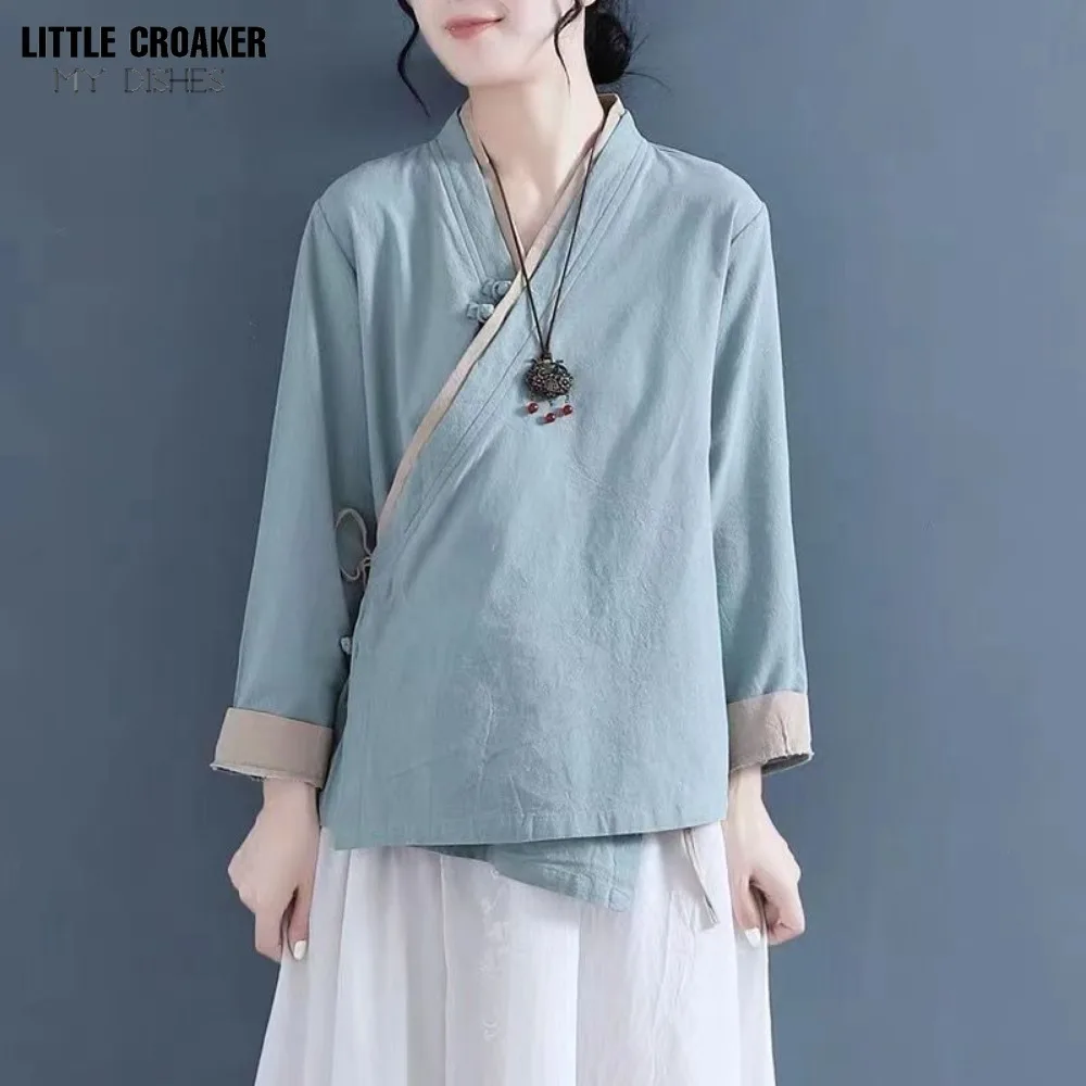 2024 Summer New Chinese Style Hanfu Blouse Women\'s Cross-collar Top Young Short Fresh Elegant Chinese Shirt Traditional Top