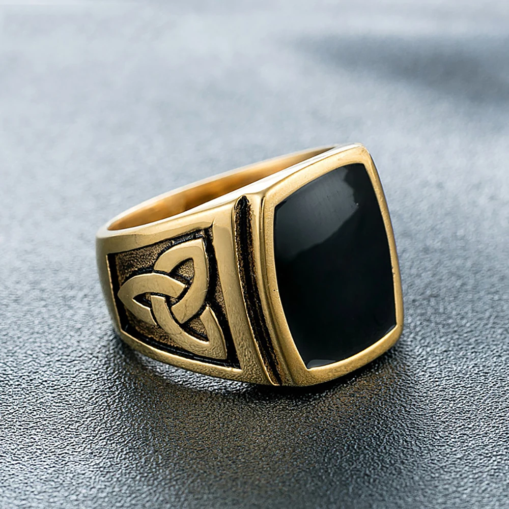 Fashion Vintage Black Stone Square Ring For Men Stainless Steel Nordic Viking Celtics Knot Rings Amulet Jewelry Gifts Wholesale