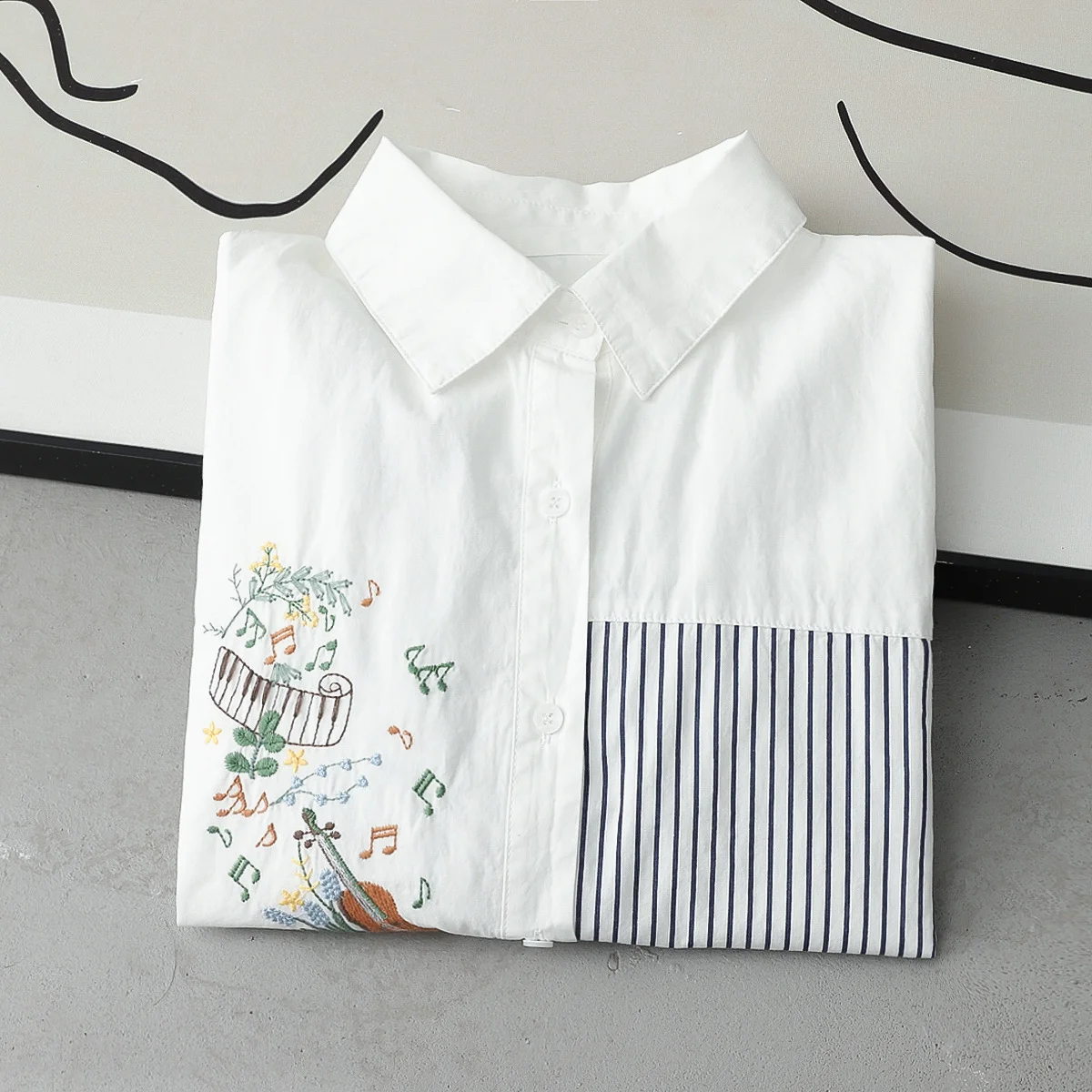 Mori kei clothing cotton striped patchwork shirts & blouses women spring guitar embroider shirts japanese 2000s style y2k top