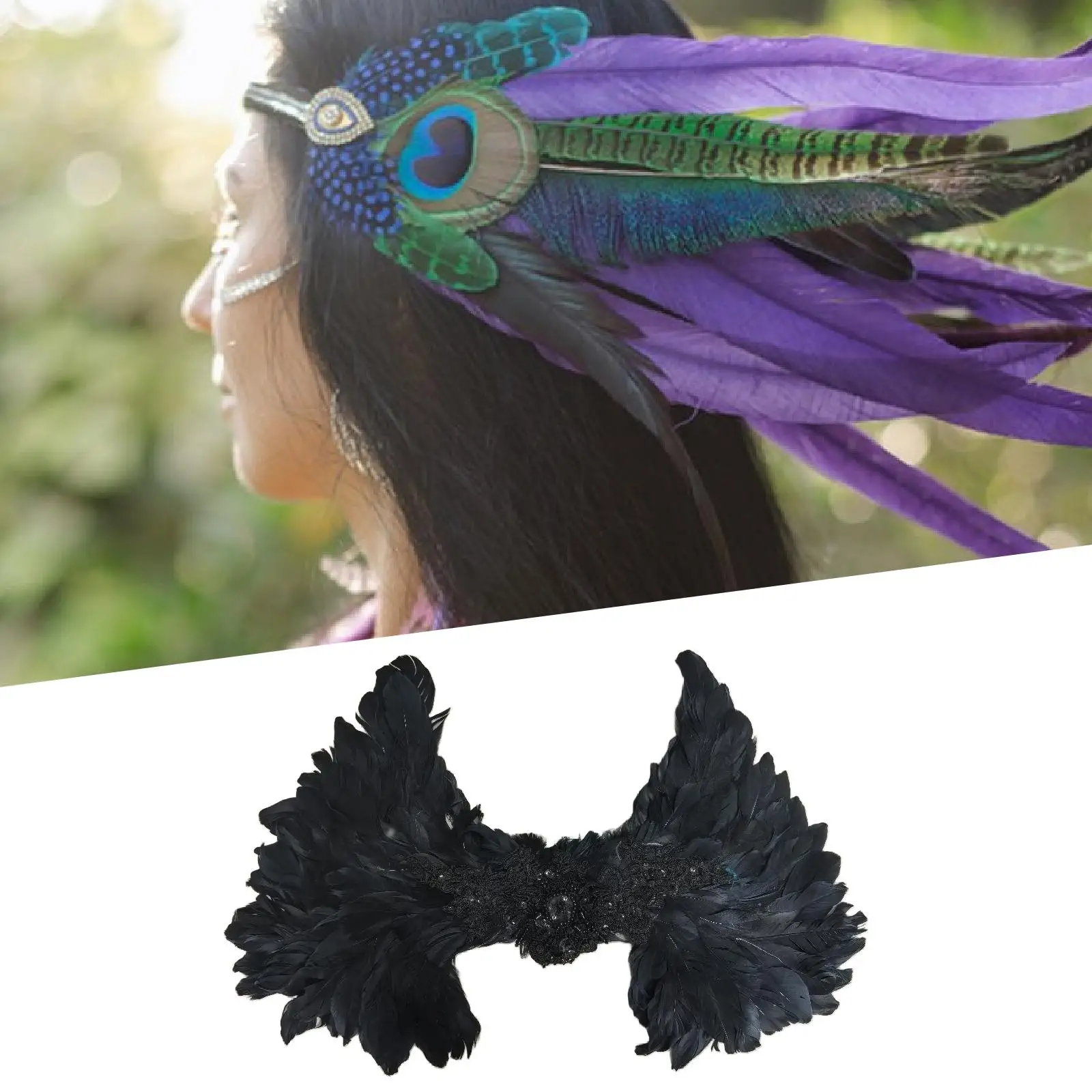 Indyjski sztuczny pierzany nakrycie głowy, lekki rekwizyt fotograficzny, dodatek do kostiumu, ozdoba na głowę na imprezę, występ sceniczny, karnawał.