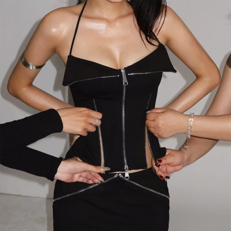 Lace Up Halter Backless Zippers Decoration Tanks Top Women Sexy Lapel V-neck Grommet Lace Up Slim Camis Clubwear Vest Streetwear