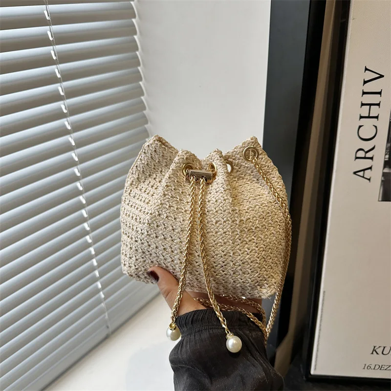 Women Straw Woven Bucket Bag Chain Drawstring Summer Commuter Korean Simple Solid Color Shoulder Crossbody Handbag