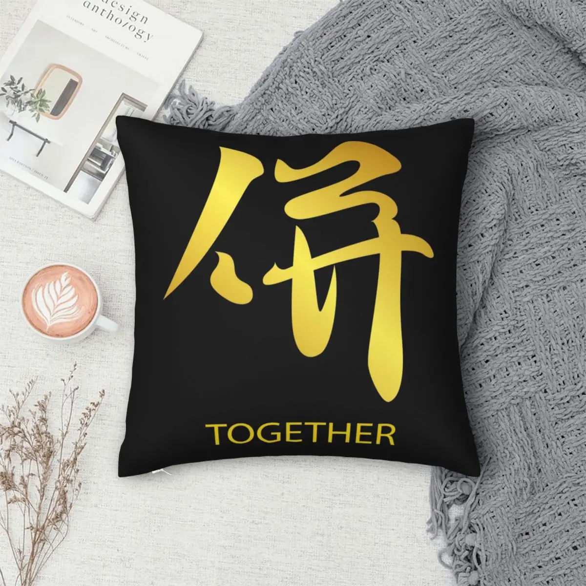 Japanese Kanji Symbol Together Square Pillowcase Polyester Pillow Cover Velvet Cushion Decor Comfort Throw Pillow for home sofa