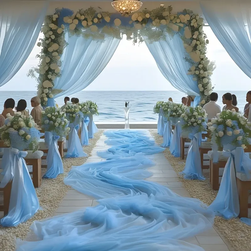 Rollo de tela de tul azul claro pastel mate premium para decoración de pasillos de boda, bancos y mesas de fiesta neutras de primavera.