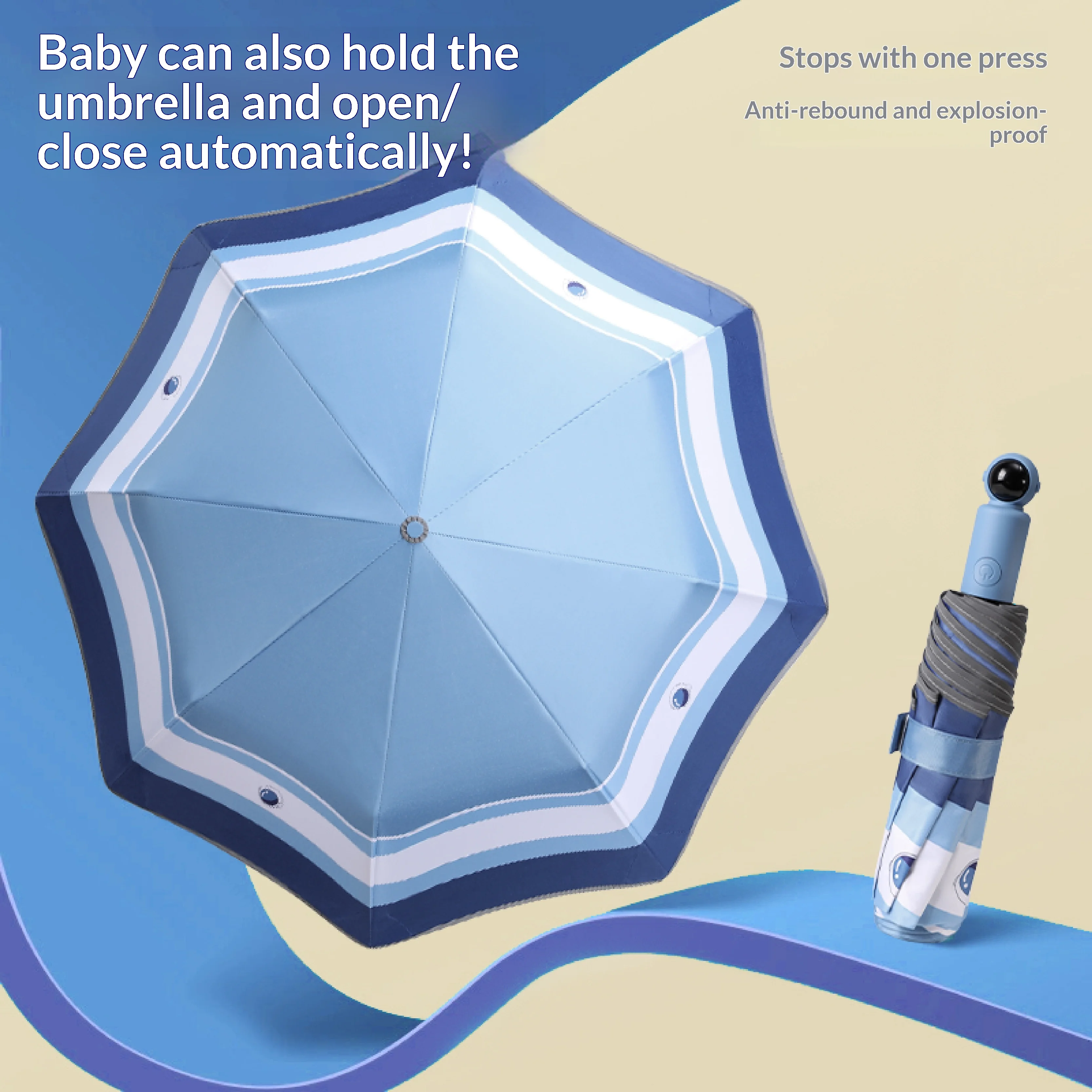 Automatic Kids Umbrella Safe Rounded Corner Anti-Rebound Sun & Rain Dual Use for Boys Girls Students School