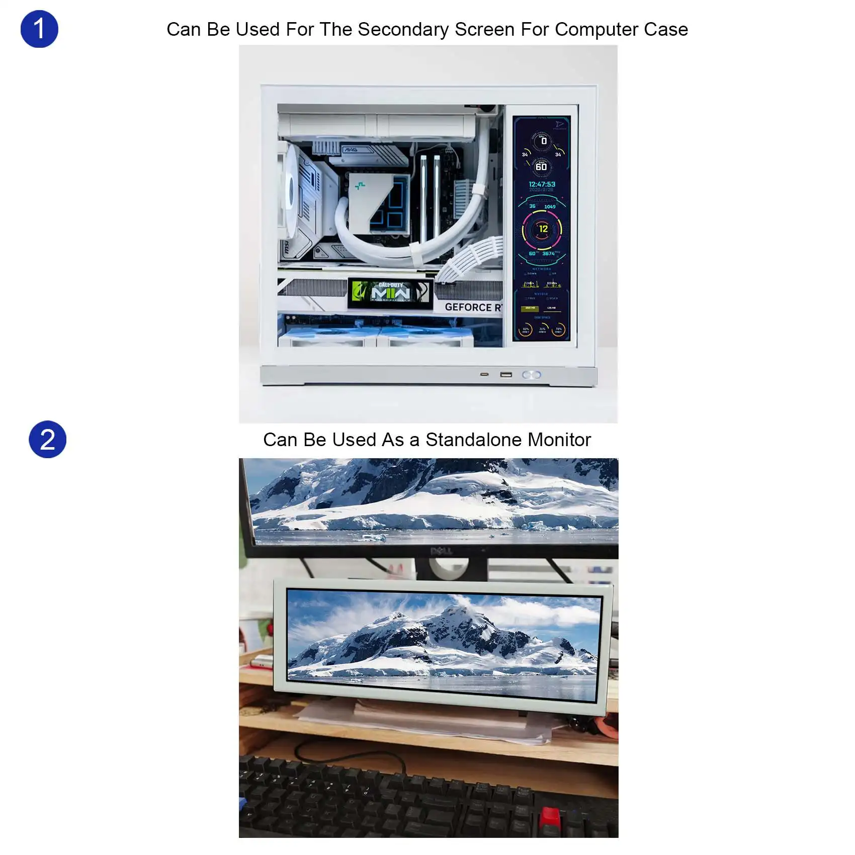 8.8インチ ストレッチバー IPS USB 拡張モニター 1920x480 PCケース用 サブディスプレイ ホワイト/ブラックケース