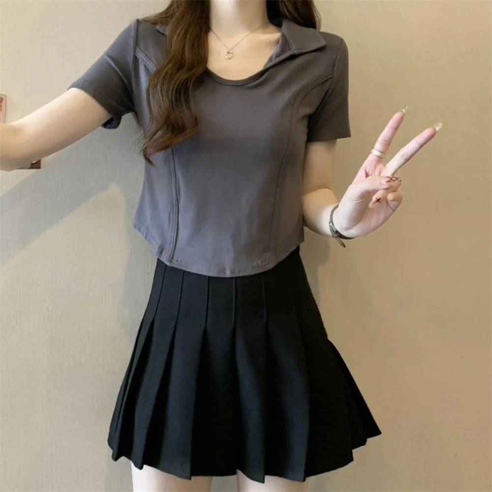 

Модная футболка с v-образным вырезом и коротким рукавом, облегающие универсальные укороченные топы Y2k, женские шикарные блузки-поло с рыбьей косточкой, летние