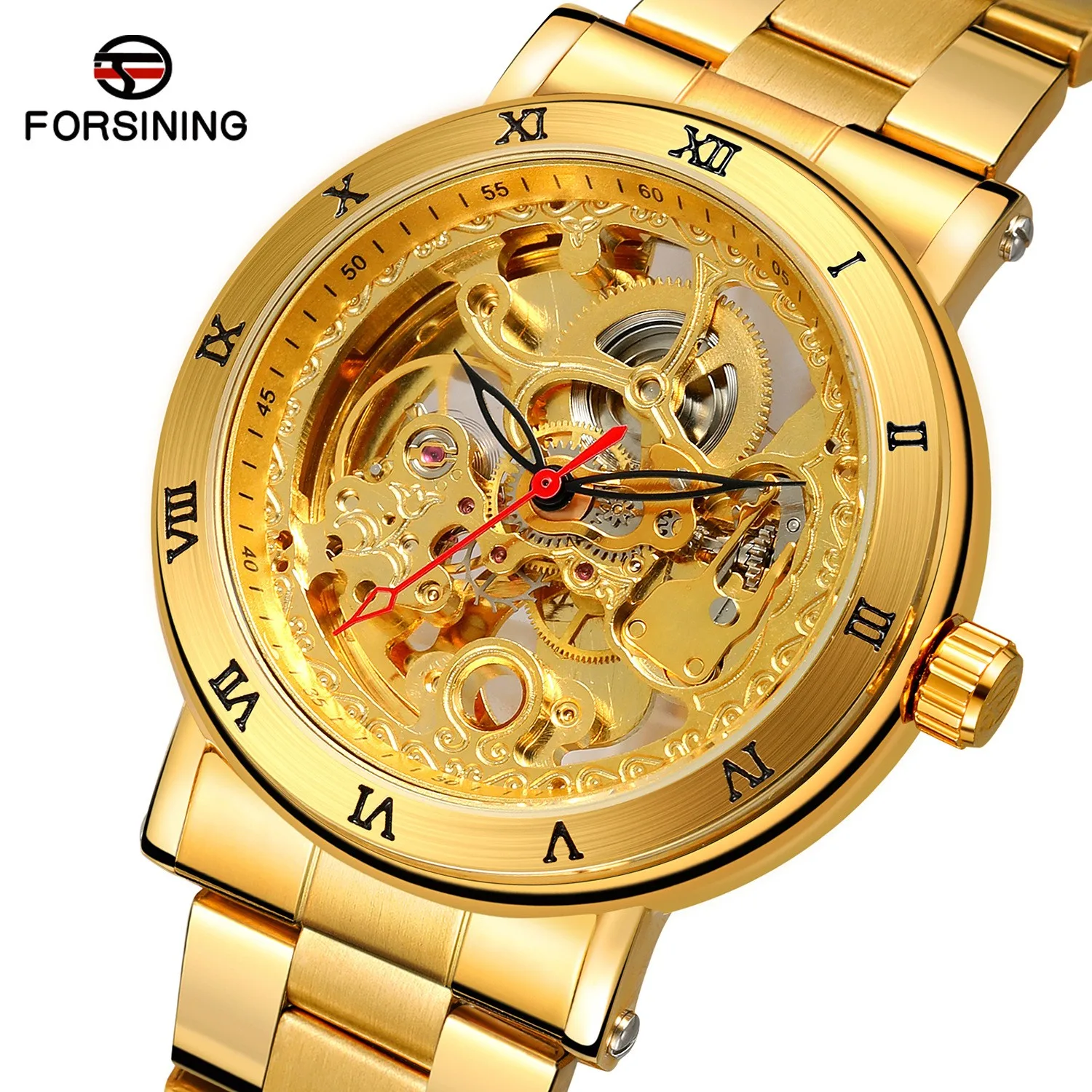 Winner Top Brand Official Skeleton Mechanical Gold Man Watch Luxury Full Stainless Steel & Leather Elegant Dress Wrist Watches