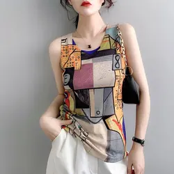 Women's Clothing Contrasting Colors Patchwork Sleeveless Tanks Fashion Printed Slim Round Neck 2023 Summer Daily All-match Camis