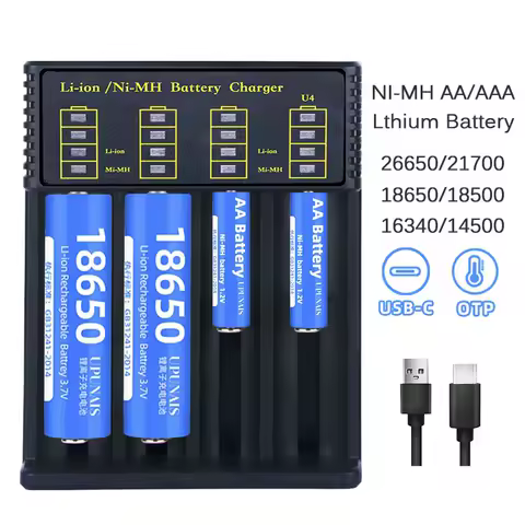 USB Battery Smart Charger 4 Slots For 18650 21700 14500 3.7V Rechargeable Lithium Battery For 1.2V NI-MH AA / AAA Battery