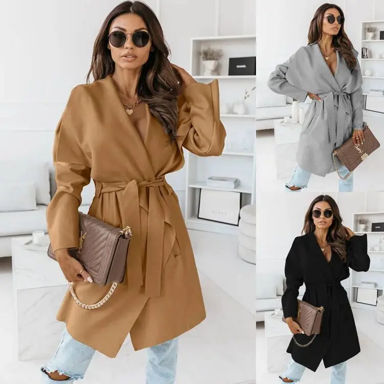 

Autumn Winter Long Sve Belted Open Cardigan Woolen Coat Women's Casual Sle Commuter Thin Polyester Fiber Blend