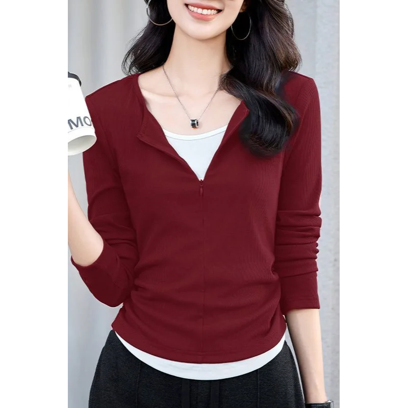 

Женская футболка из двух частей с поддельным дизайном, осенний топ с длинными рукавами и внутренней частью